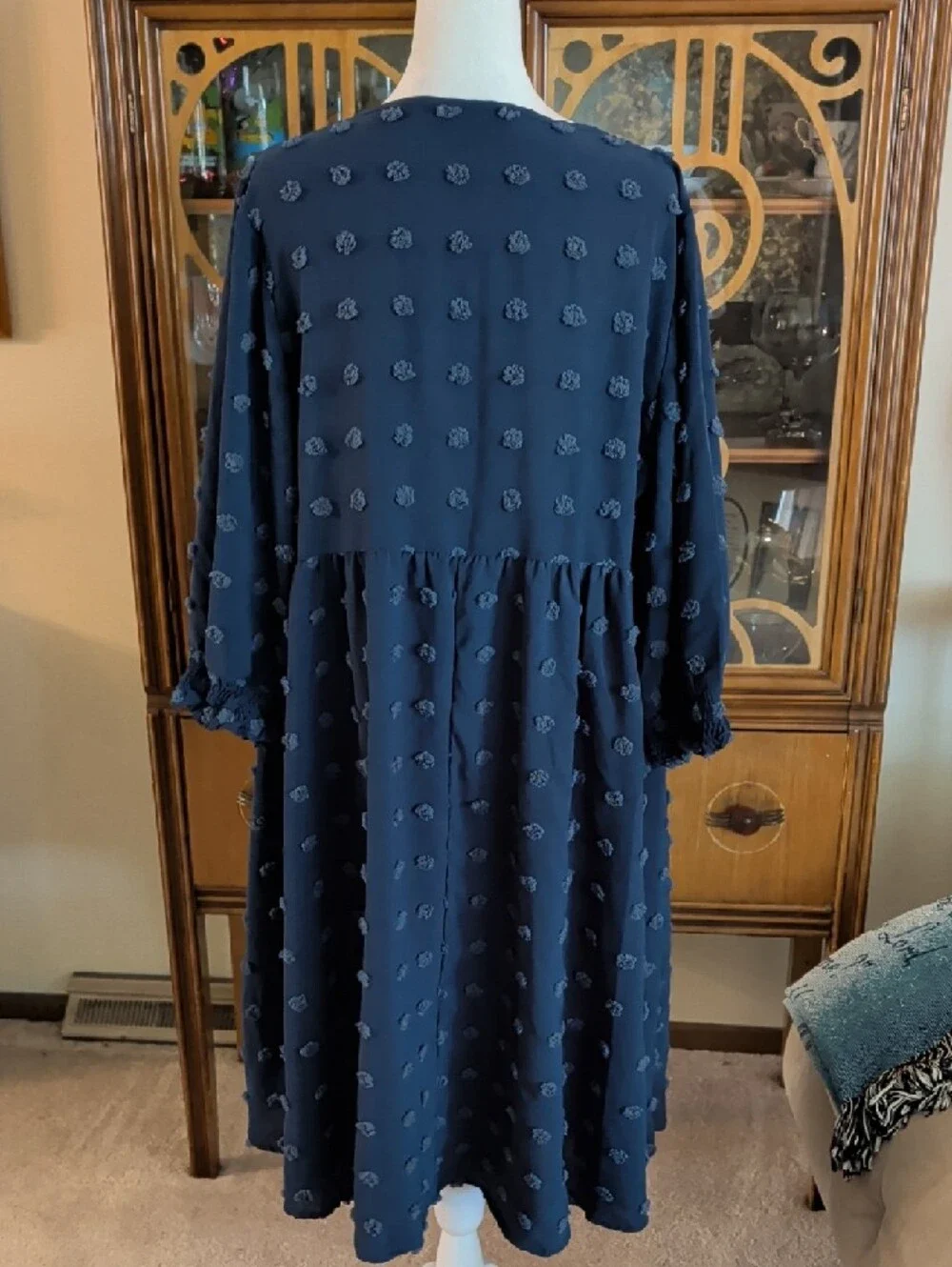 BloomChic Navy Blue Textured Tie-Neck Midi Dress - Picture 3 of 4